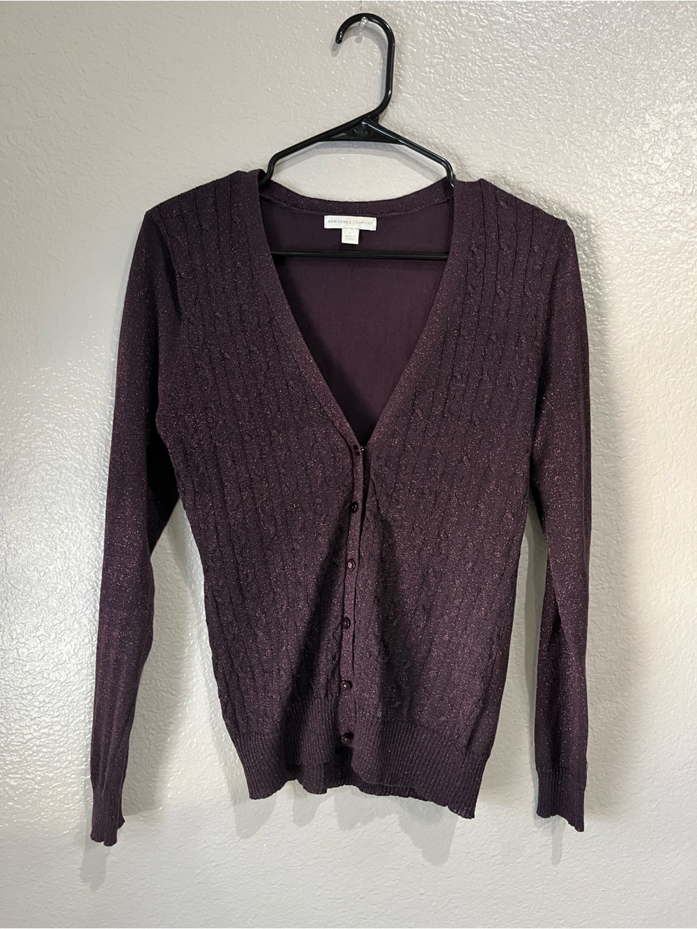 New York & Company Plum V-Neck Sparkle Button Cardigan Sz S Office Chic
